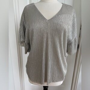 Anthropologie Silver Metallic V-Neck Short Sleeve Top